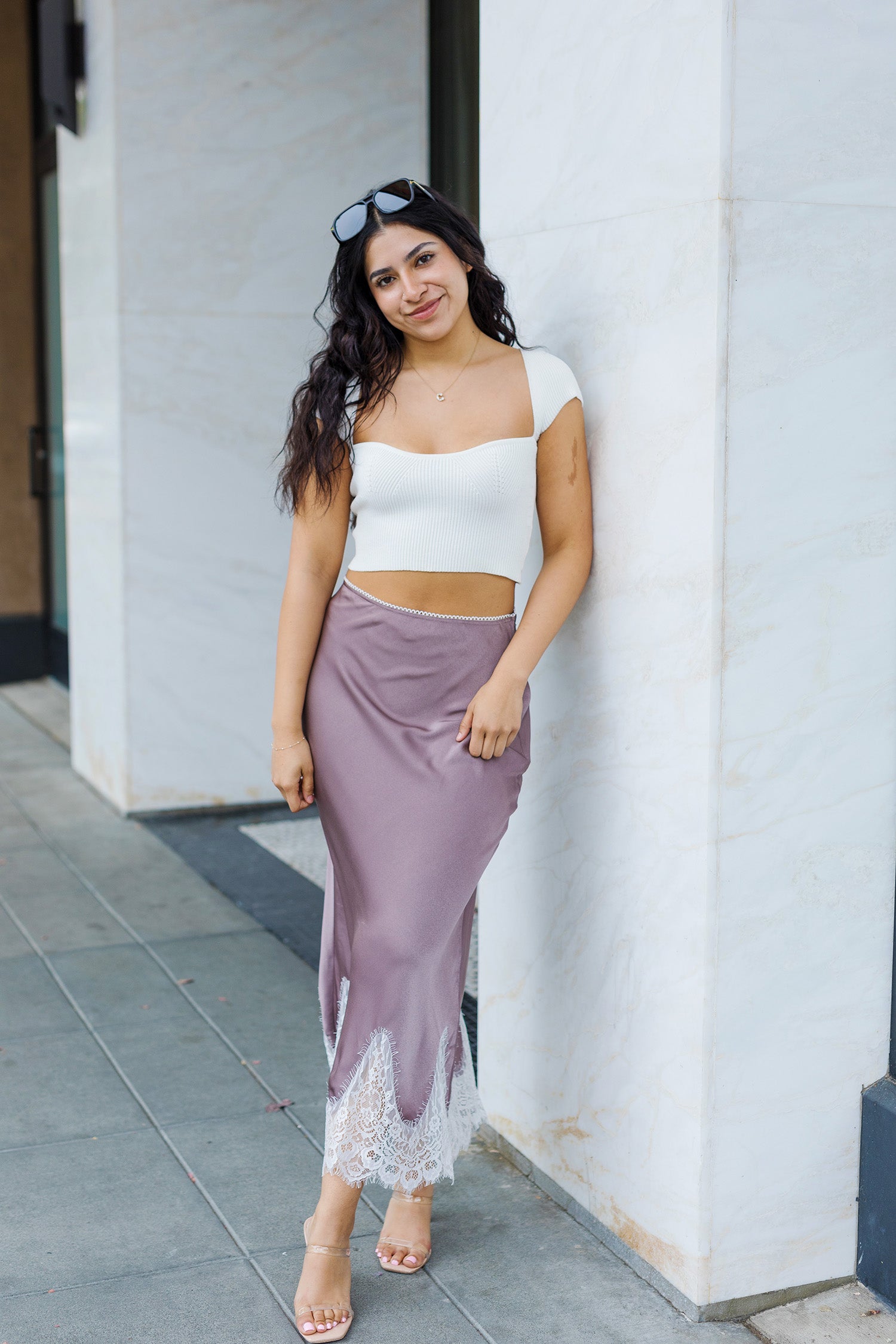 DustyPurpleSatinMidiSkirtwithW