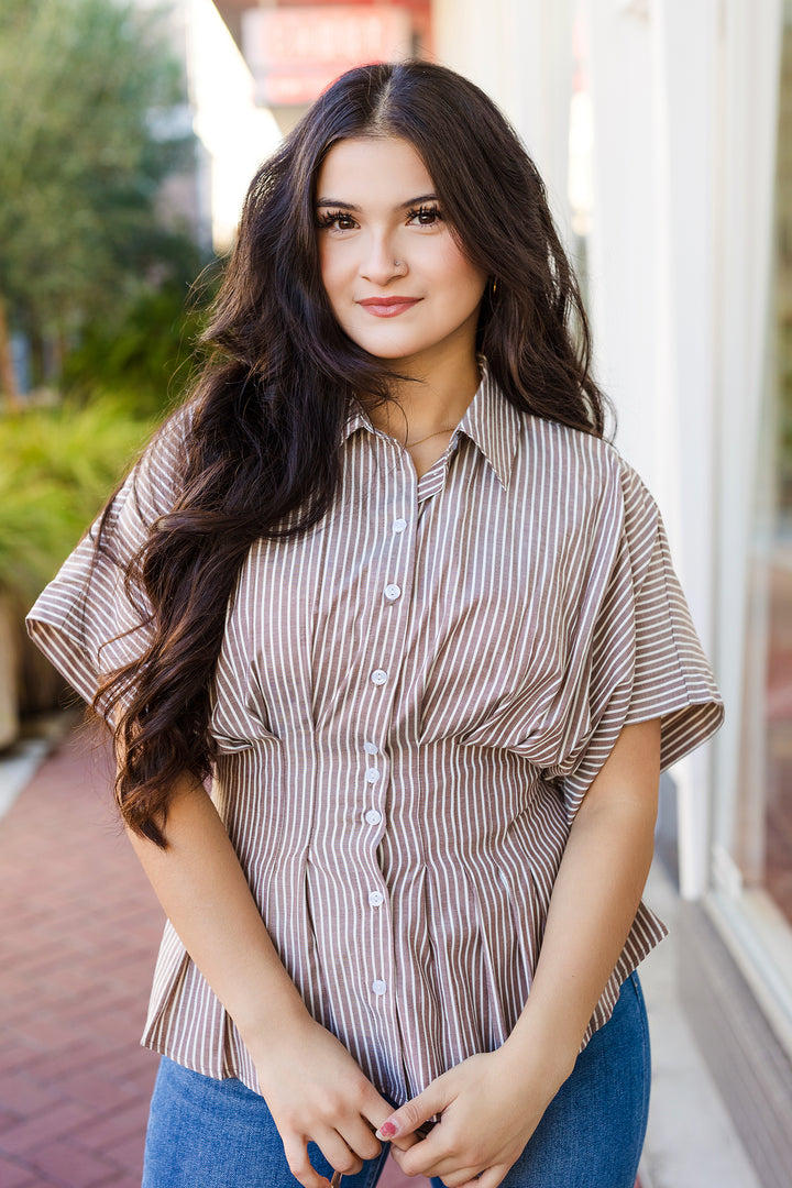 The Sure Thing Coco Striped Pleated Short Sleeve Blouse