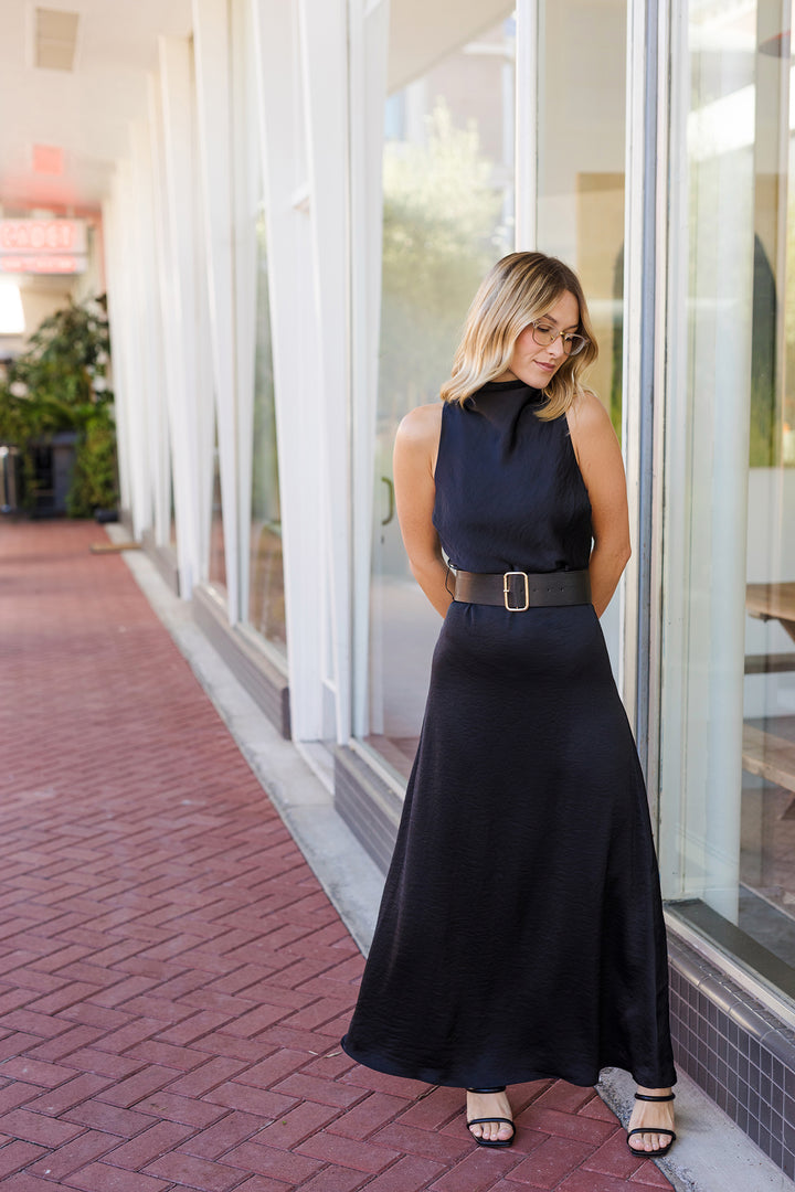 The She's The Moment Black High Neck Satin Slip Maxi Dress
