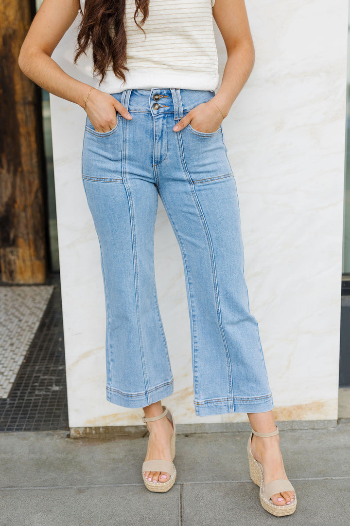 The Phoebe Light Wash Front Pocket Wide Crop Jeans