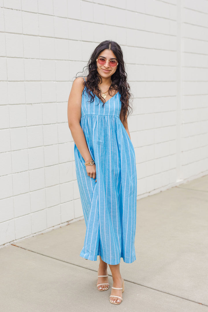 The Country Club Chambray Linen Striped Maxi Dress