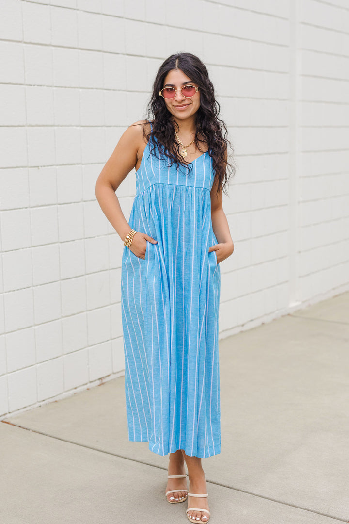 The Country Club Chambray Linen Striped Maxi Dress