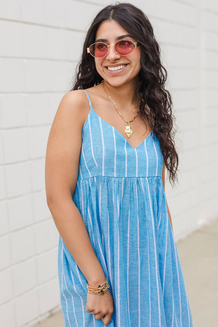 The Country Club Chambray Linen Striped Maxi Dress