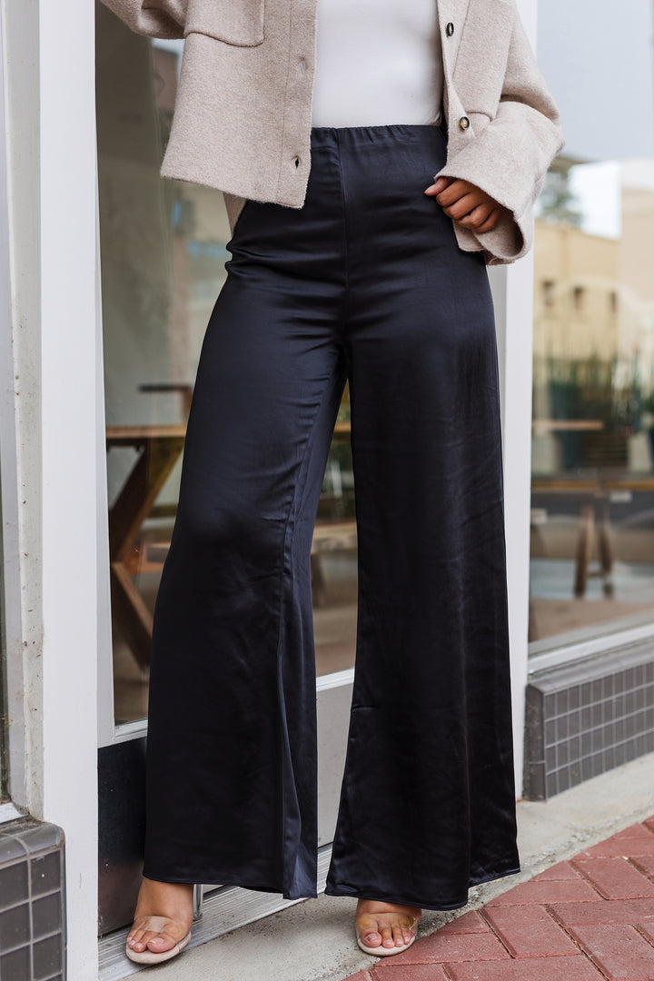 The Always The Moment Black Satin Wide Leg Pants
