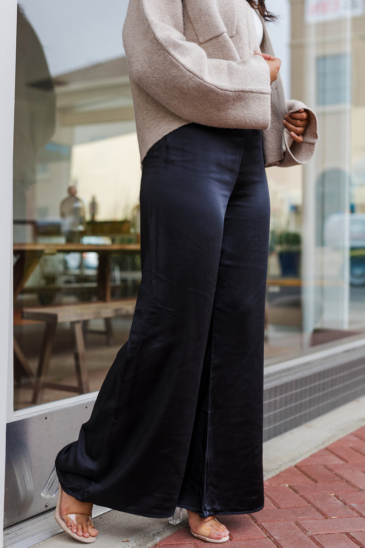 The Always The Moment Black Satin Wide Leg Pants