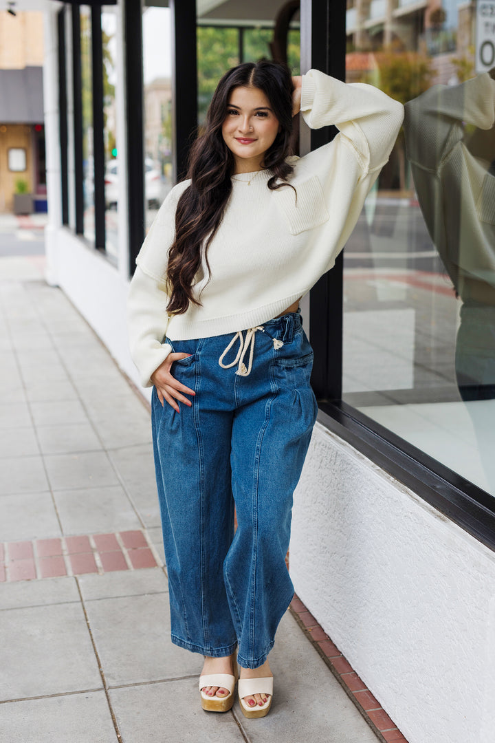 The Keep Your Cool Pleated Barrel Drawstring Jeans