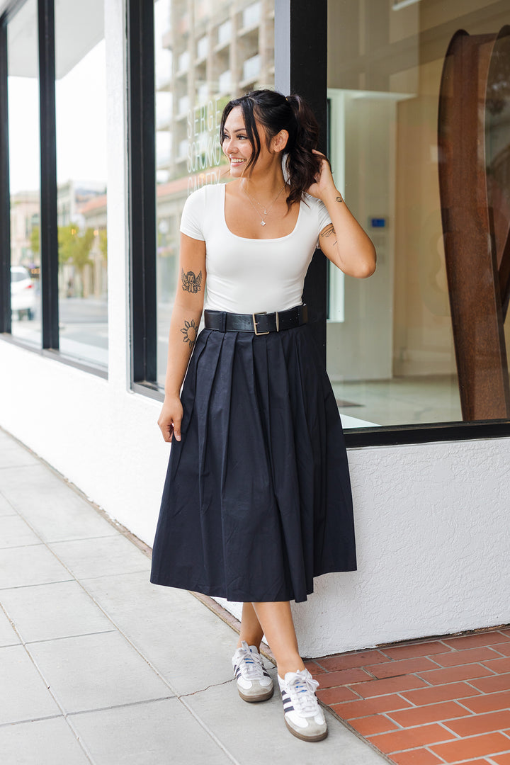 The Lost In Love Black Pleated Midi Skirt