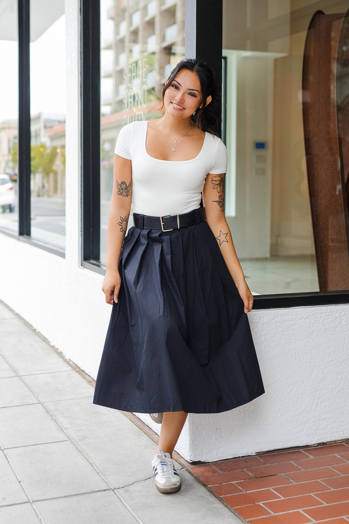 The Lost In Love Black Pleated Midi Skirt