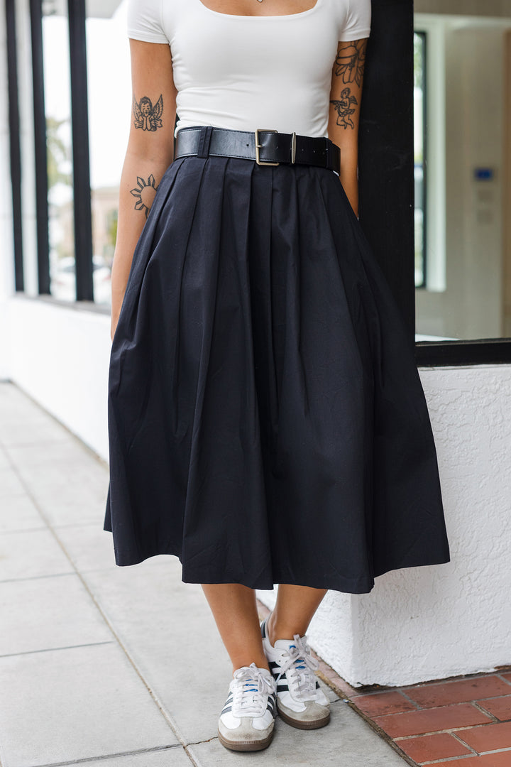 The Lost In Love Black Pleated Midi Skirt