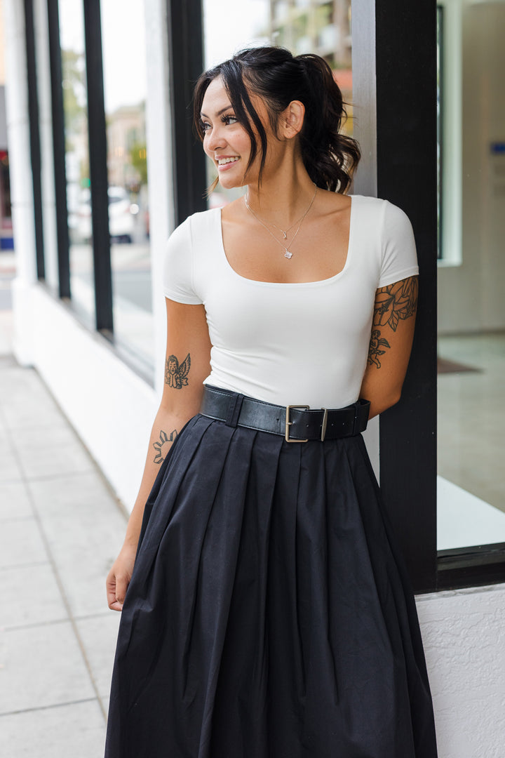 The Lost In Love Black Pleated Midi Skirt