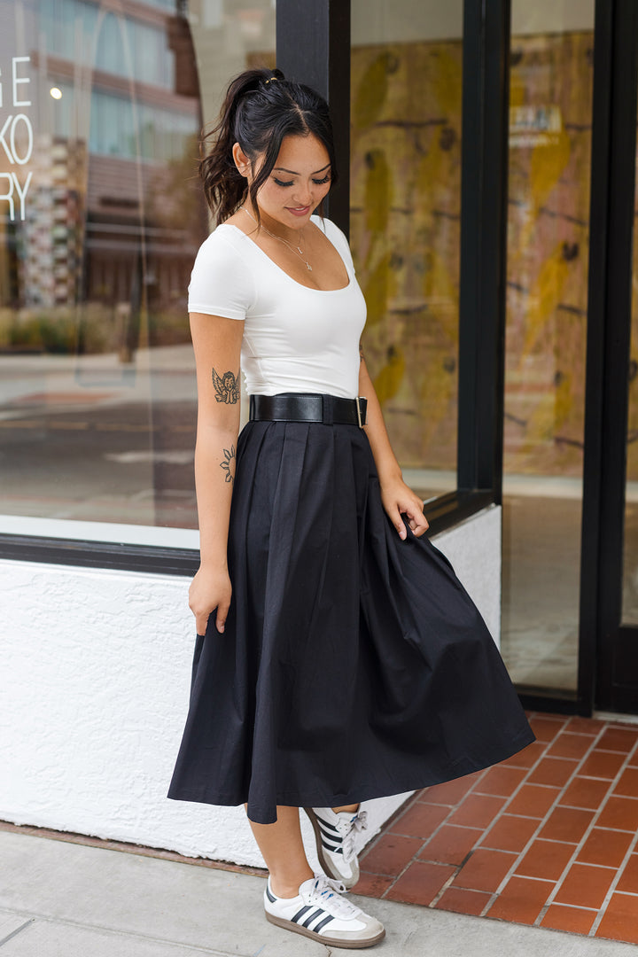The Lost In Love Black Pleated Midi Skirt