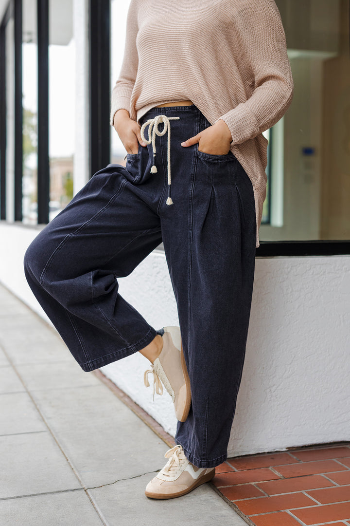The Keep Your Cool Pleated Barrel Drawstring Jeans