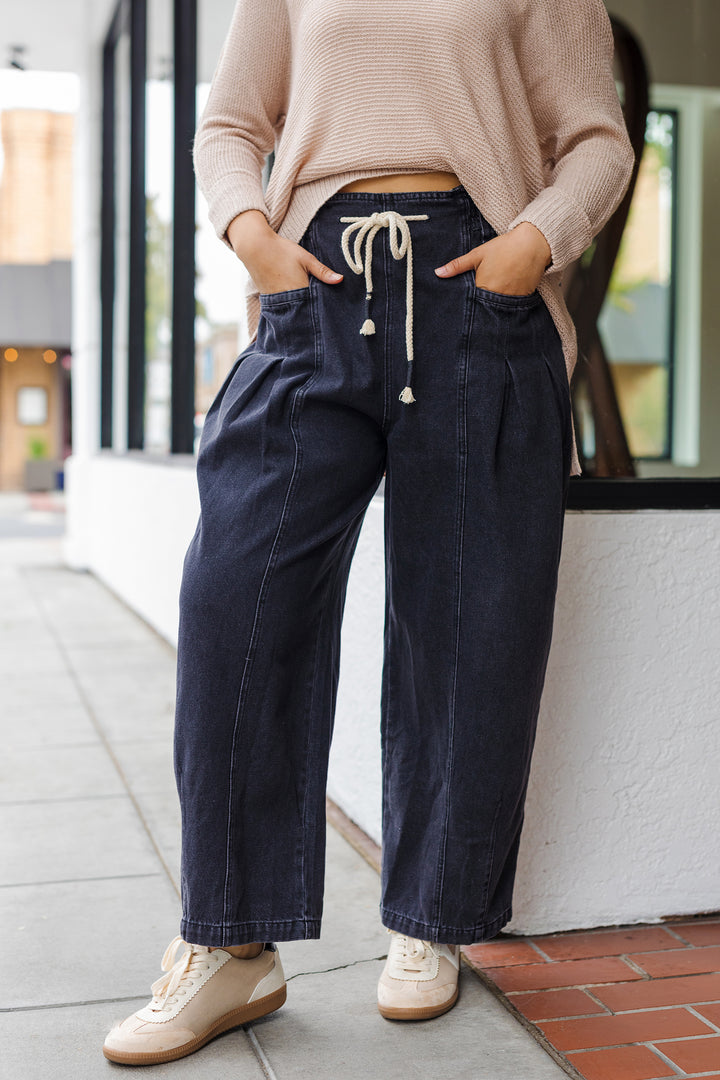 The Keep Your Cool Pleated Barrel Drawstring Jeans