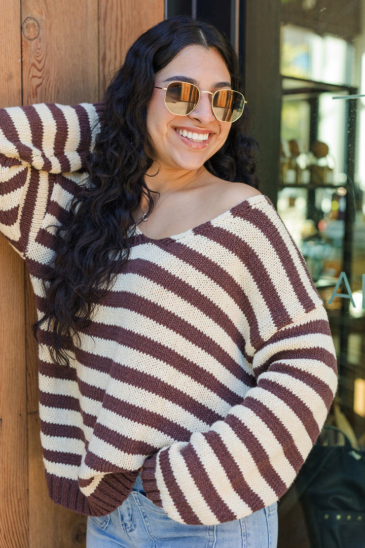The Feeling Fall Striped V Neck Sweater
