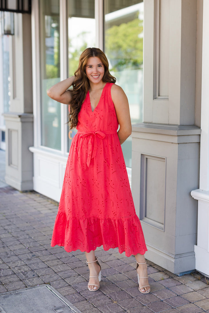 The Hit Hot Coral Eyelet Midi Dress