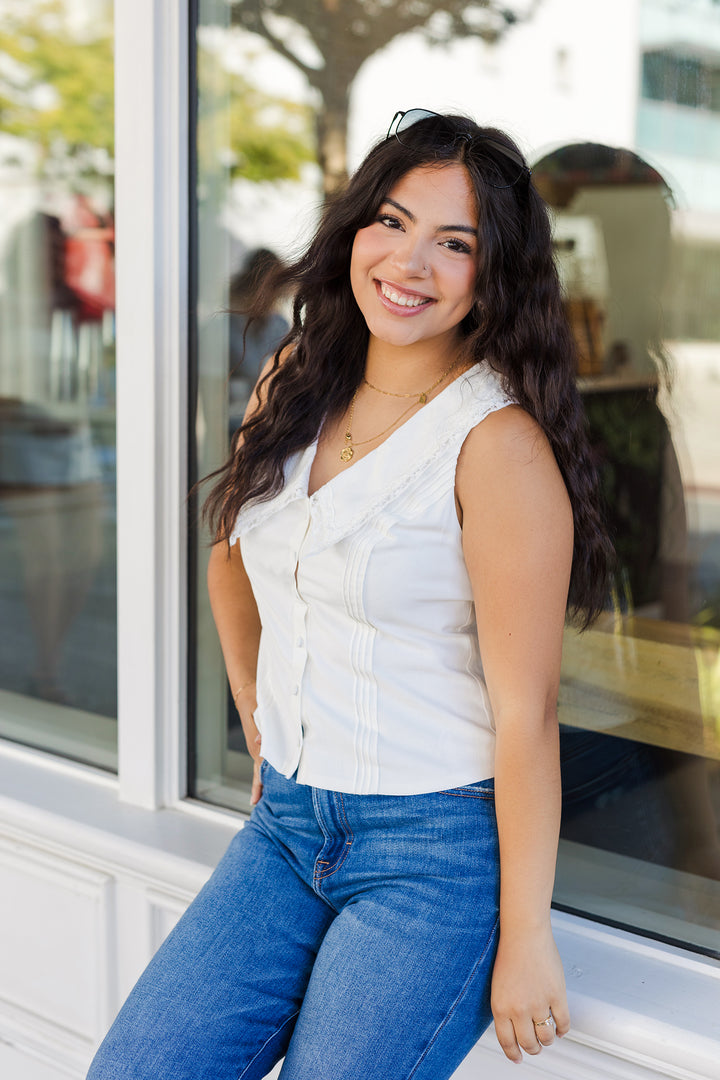 The In The Details White Lace Linen Button Front Top