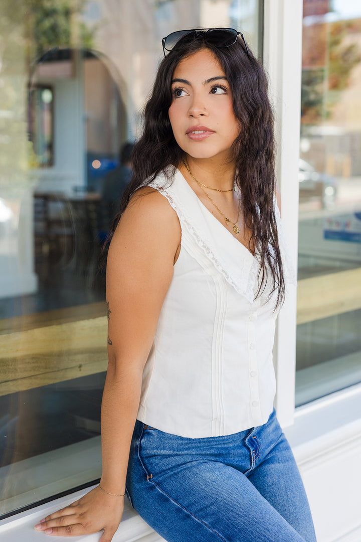 The In The Details White Lace Linen Button Front Top