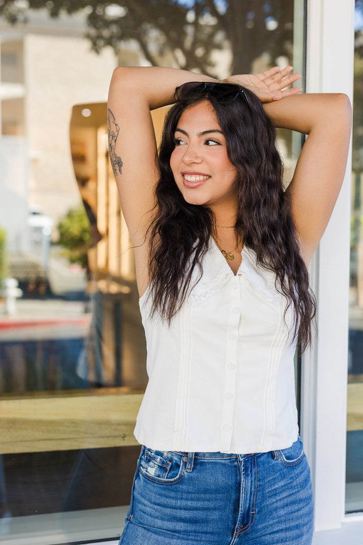 The In The Details White Lace Linen Button Front Top