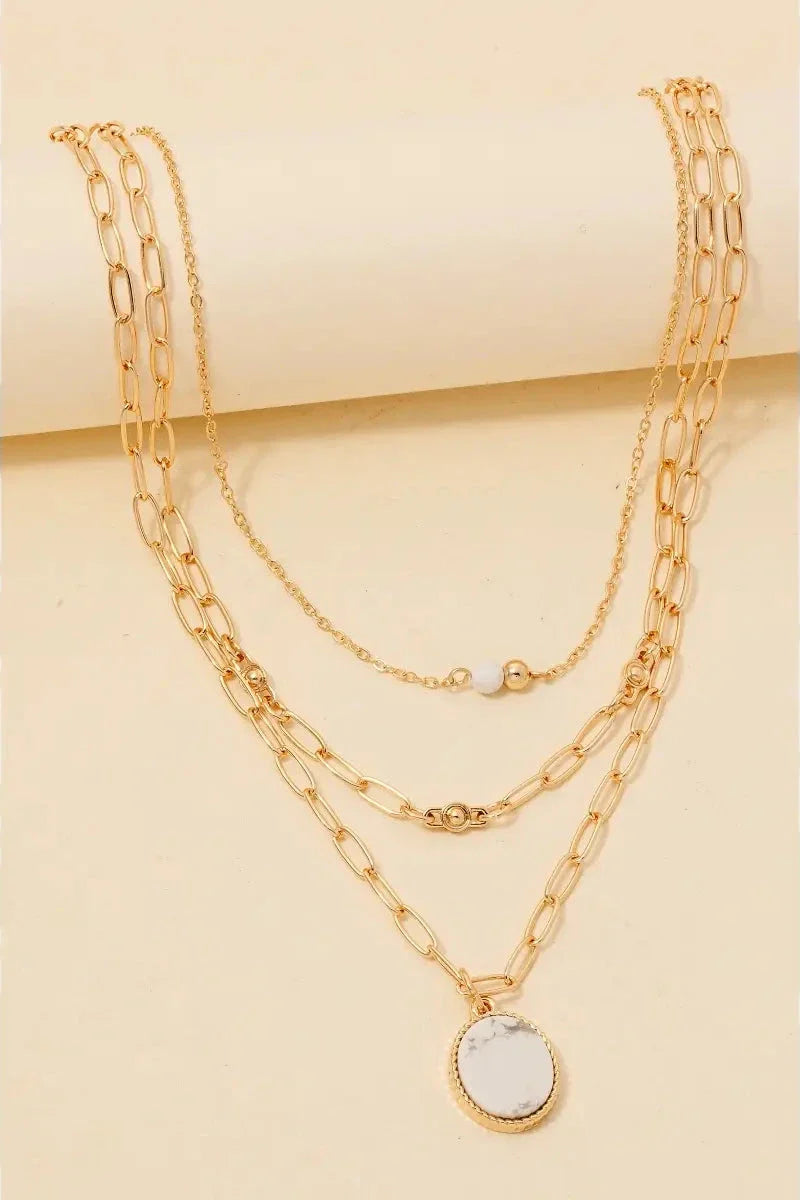 Stone Oval Pendant and Bead Layered Chains Necklace