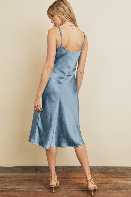 The Silver Lining Dusty Blue Satin Midi Slip Dress