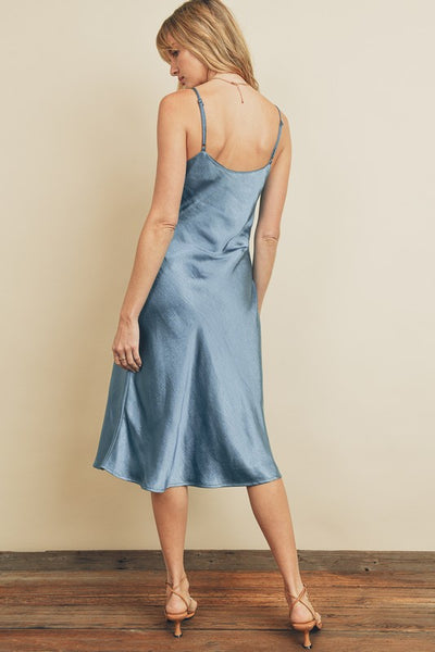 The Silver Lining Dusty Blue Satin Midi Slip Dress
