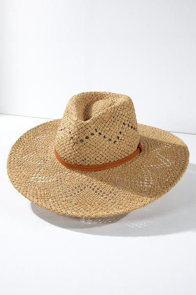 Natural Woven Straw Eyelet Wide Brim Panama Hat