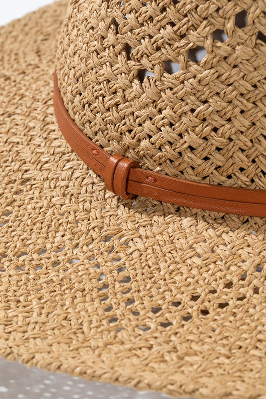 Natural Woven Straw Eyelet Wide Brim Panama Hat