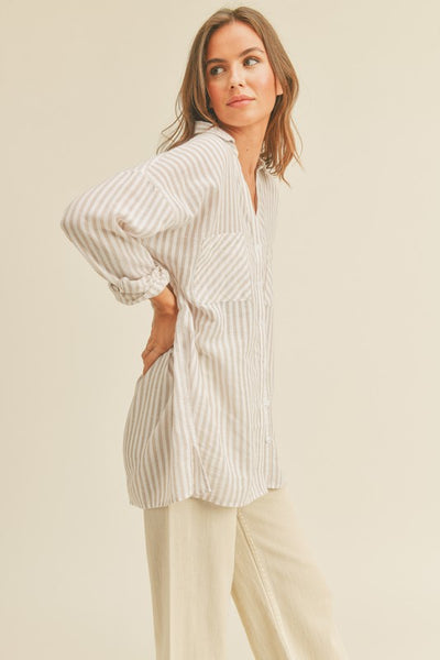 The Back At It Beige Stripe Button Up Shirt