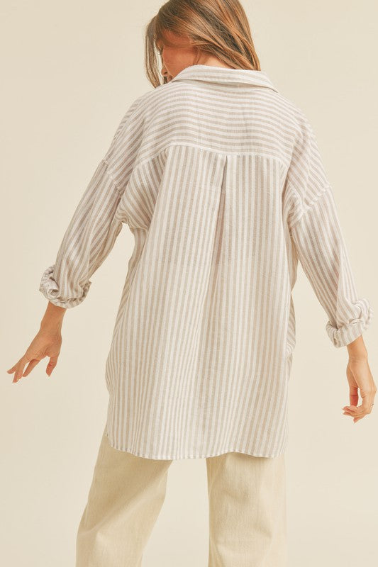 The Back At It Beige Stripe Button Up Shirt