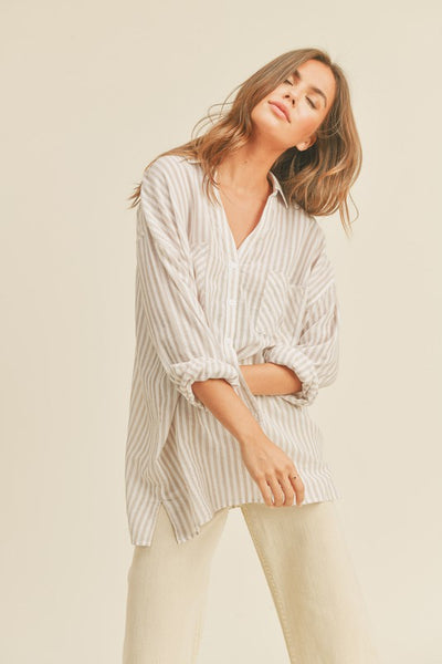 The Back At It Beige Stripe Button Up Shirt