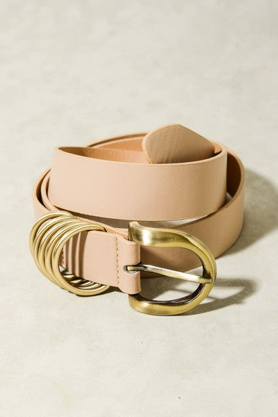 Rounded Buckle Leather Belt with Ring Detail