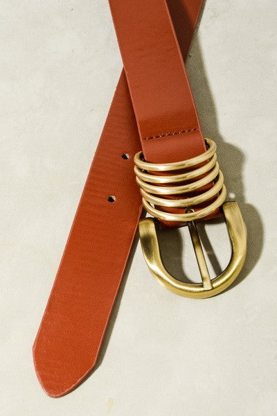 Rounded Buckle Leather Belt with Ring Detail