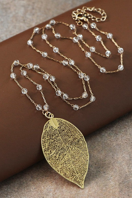 The Glass Crystal Beaded Chain & Leaf Pendant Necklace