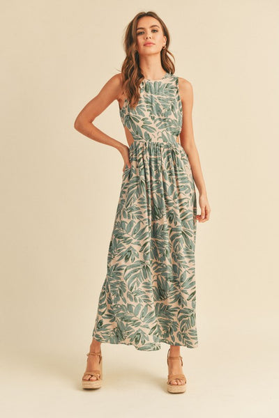 The Island Days Teal Leaf Print Midi Dress