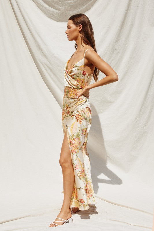 The Goldfinch Floral Surplice Shirred Side Dress