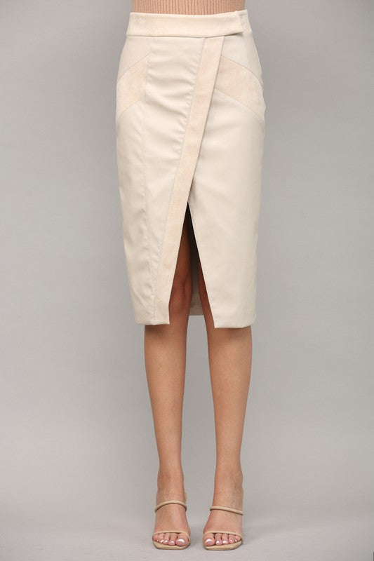 The Caught In The Moment Ecru Faux Leather Wrap Midi Skirt