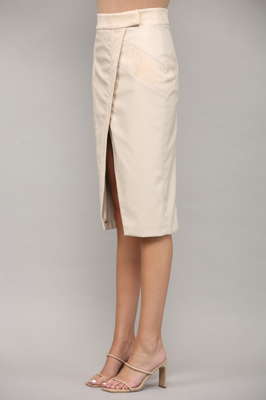The Caught In The Moment Ecru Faux Leather Wrap Midi Skirt