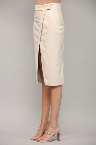 The Caught In The Moment Ecru Faux Leather Wrap Midi Skirt
