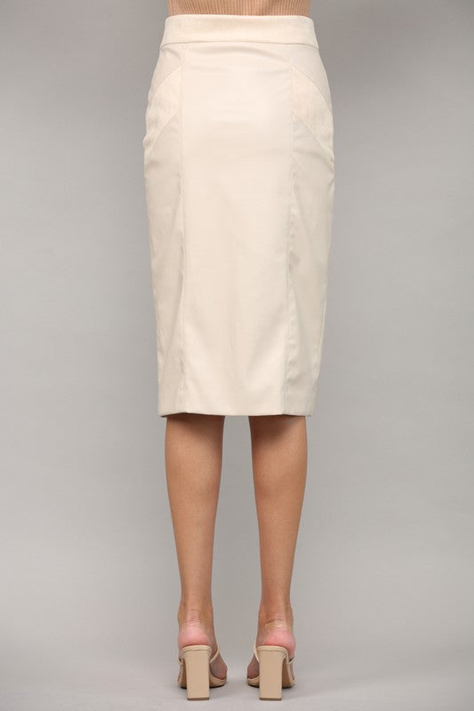 The Caught In The Moment Ecru Faux Leather Wrap Midi Skirt