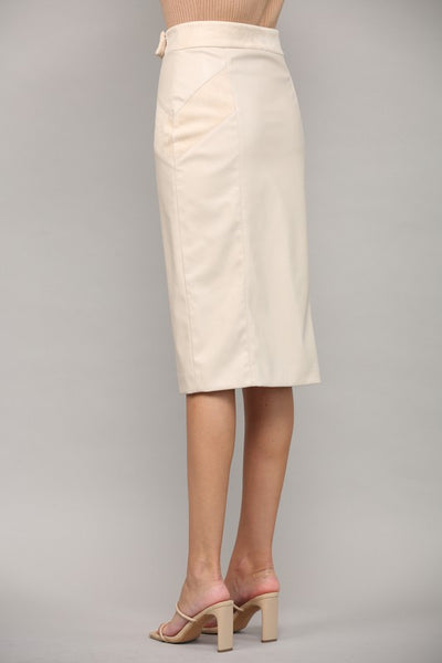 The Caught In The Moment Ecru Faux Leather Wrap Midi Skirt