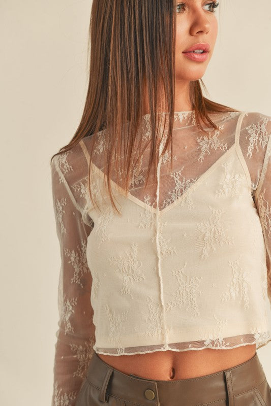 The Hey Carolina Cream Lace Long Sleeve Sheer Top