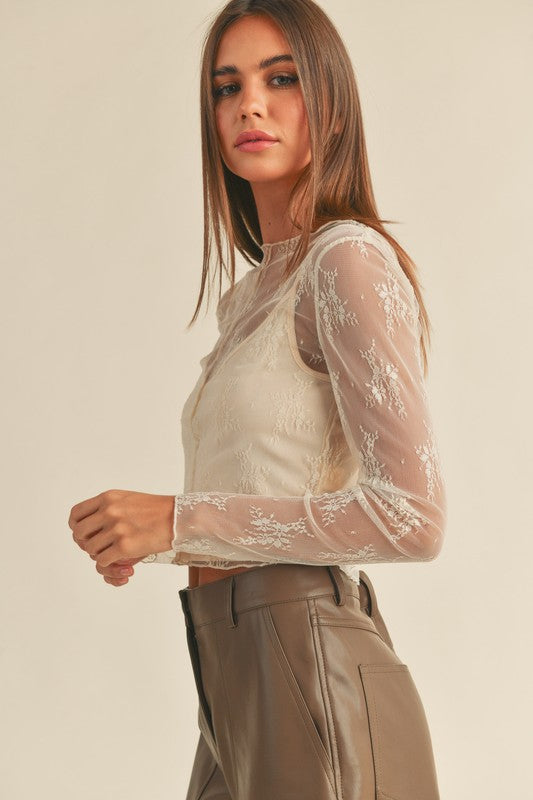 The Hey Carolina Cream Lace Long Sleeve Sheer Top