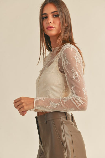 The Hey Carolina Cream Lace Long Sleeve Sheer Top