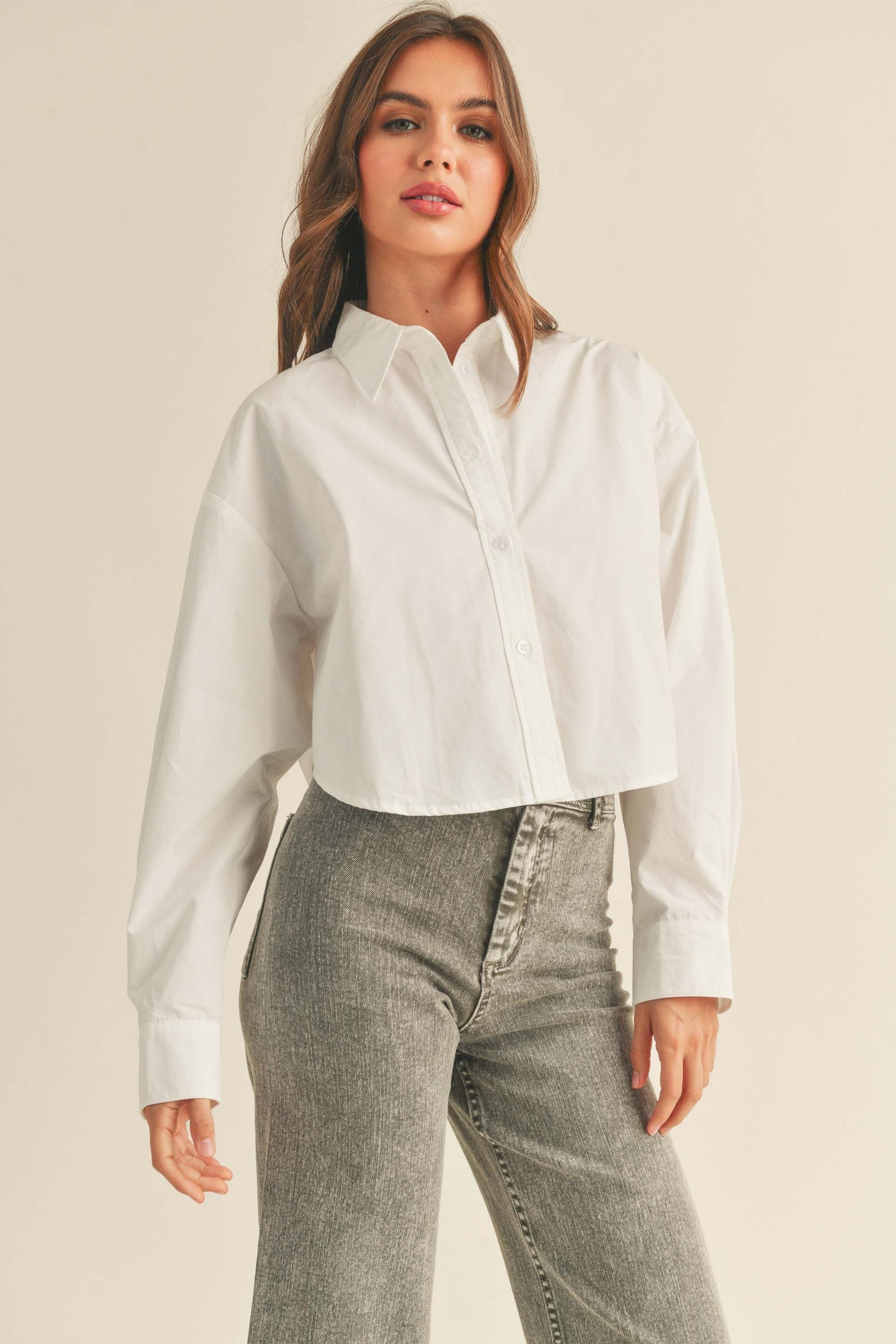 The Level It Up White Cropped Button Down Shirt