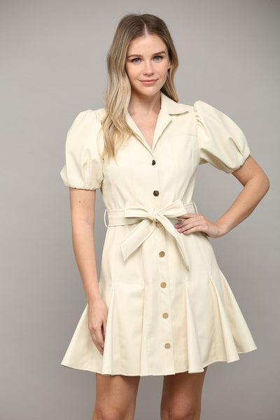 The Lexington Cream Faux Leather Flutter Mini Dress