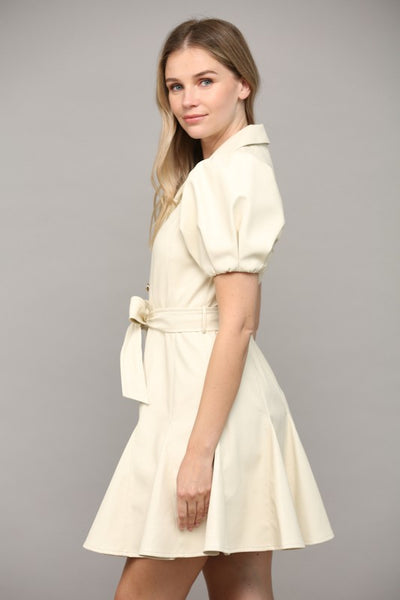The Lexington Cream Faux Leather Flutter Mini Dress