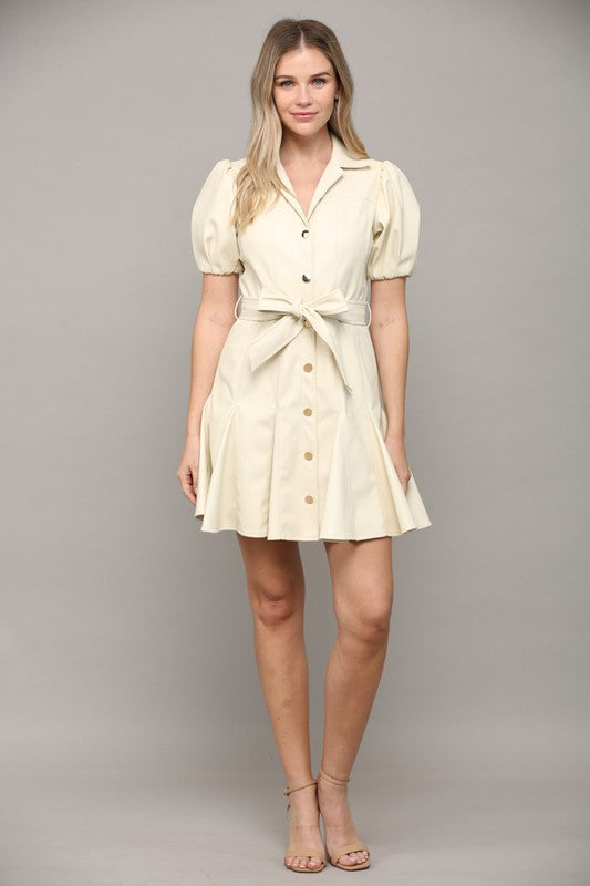 The Lexington Cream Faux Leather Flutter Mini Dress
