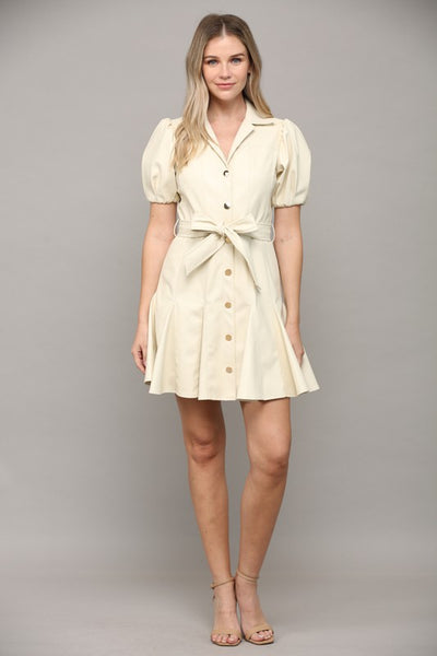 The Lexington Cream Faux Leather Flutter Mini Dress