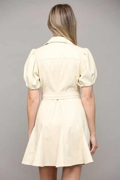 The Lexington Cream Faux Leather Flutter Mini Dress