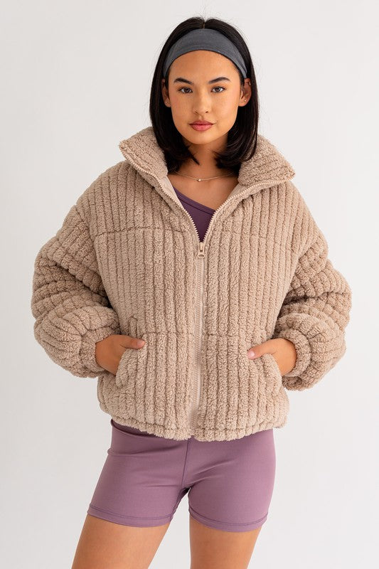 The Cuddle Szn Taupe Sherpa Puffer Jacket